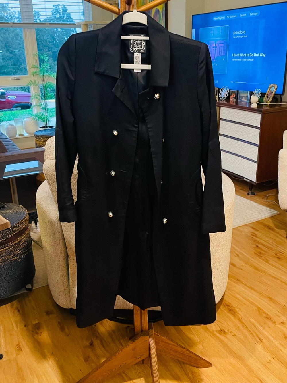 Cynthia Rowley Black Double Breasted Trench Coat with Satin-Lining.